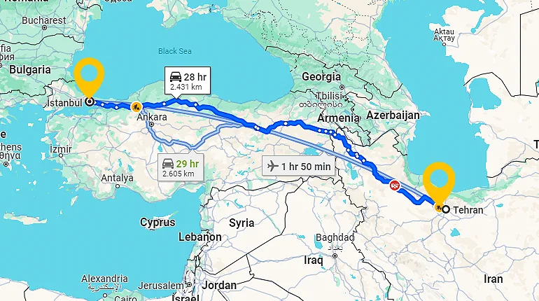 مدت زمان سفر به استانبول از تهران با ماشین