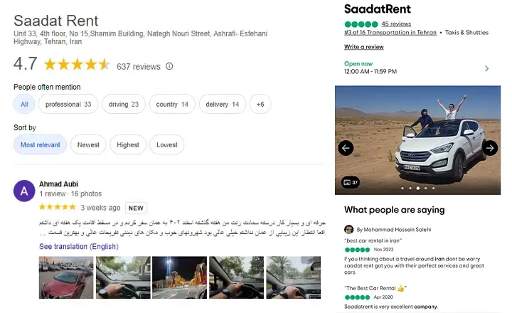 Top rated car rental in Iran reviews