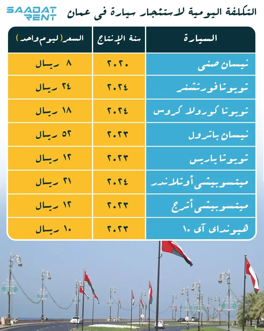 قائمة أسعار تأجير السيارات في مسقط، عمان